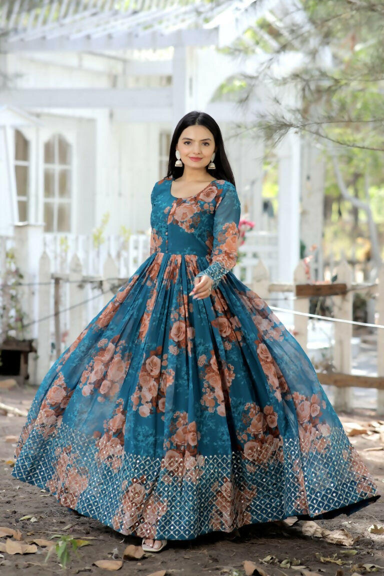Jyoti Fashion Women's Teal Sequence Zari Embroidered Faux Georgette Anarkali Dress | Swadesiicart