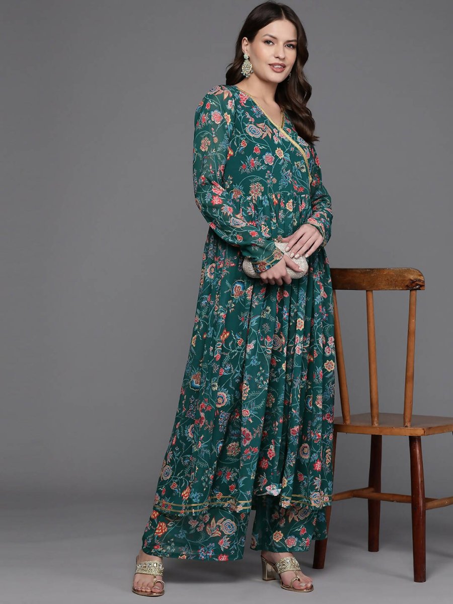 Ahalyaa Women Floral Printed Angrakha Kurta with Palazzos - Green Color | Swadesiicart