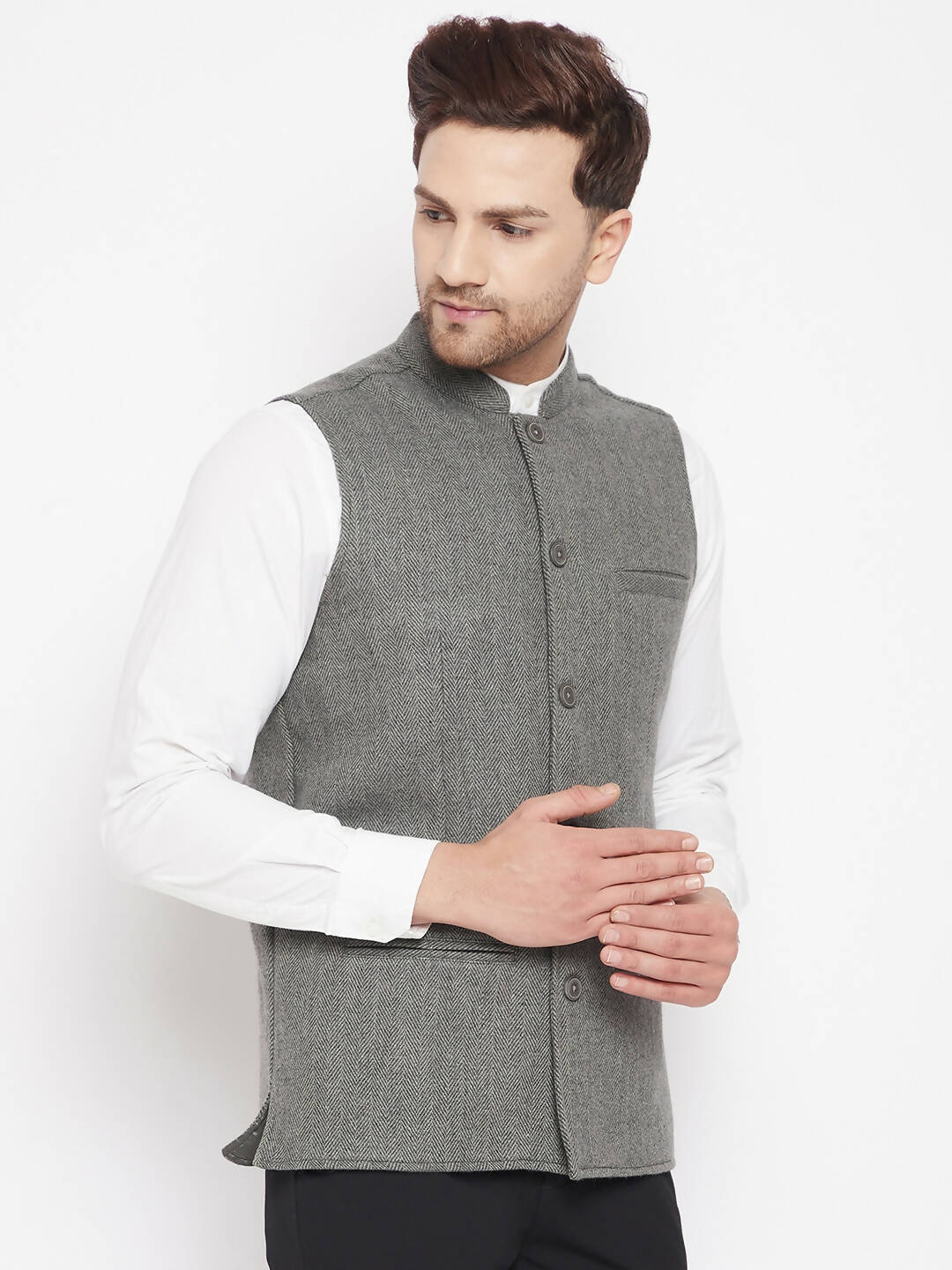 Even Apparels Grey Wool Men Woven Nehru Jacket | Swadesiicart