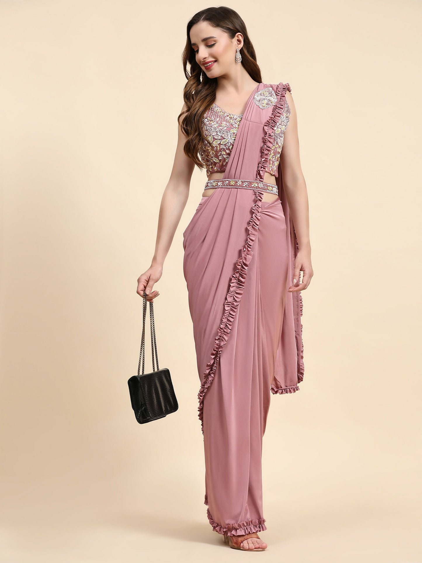 Pink Lycra Solid Ready to wear Saree with stitched Blouse - Vanita | Swadesiicart