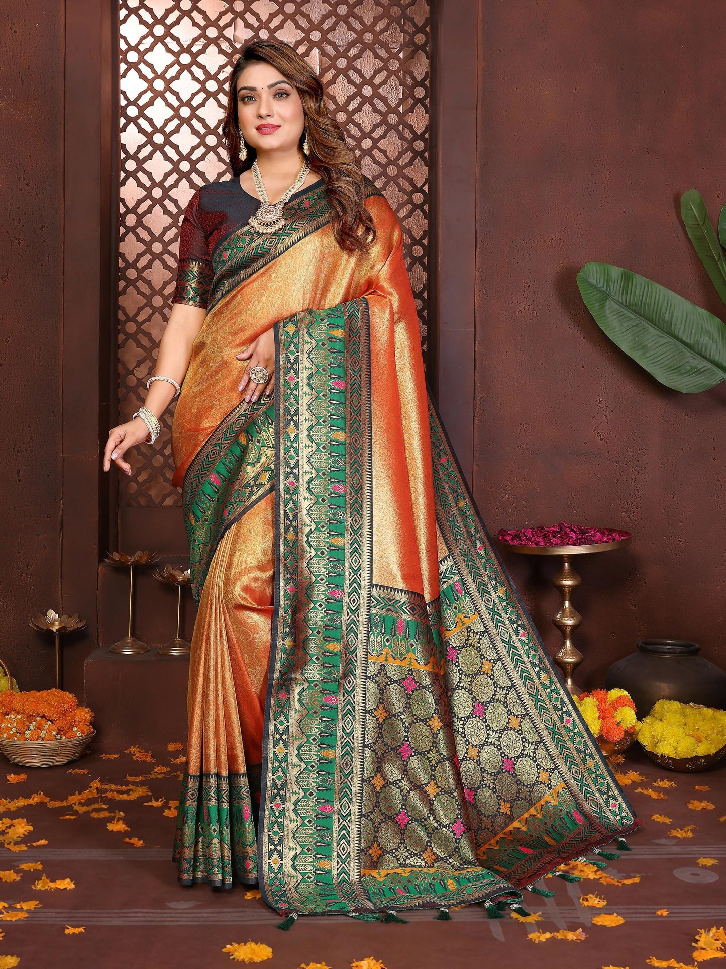 Aastha Fashion Orange Tissue Silk Weaving Saree