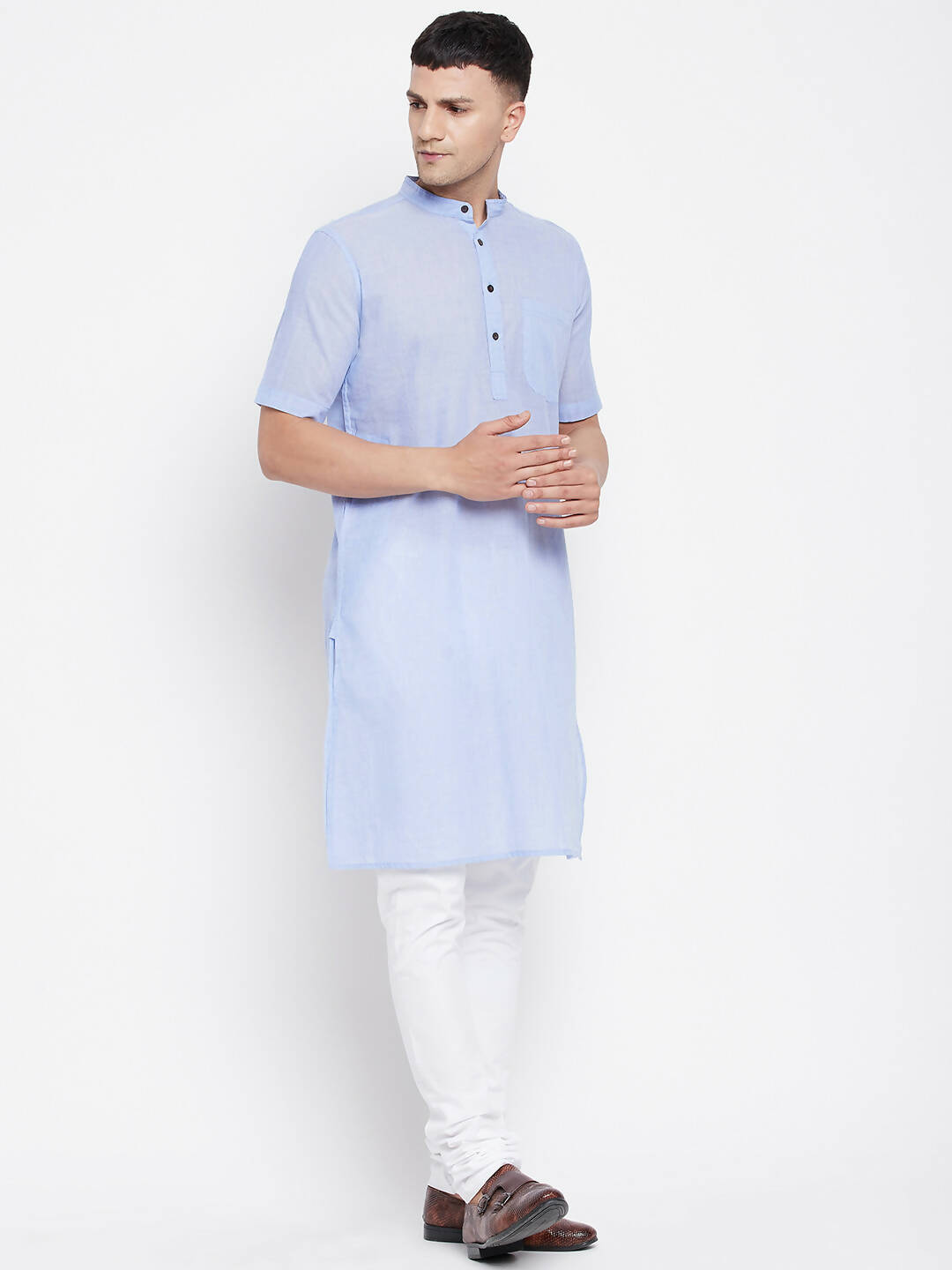 Even Apparels Blue Pure Cotton Men's H/S Kurta With Band Collar | Swadesiicart