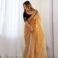 Attrctive Looking Gold Jari, Sequance Embroidery Work Twill Net Party Wear Saree - Gold