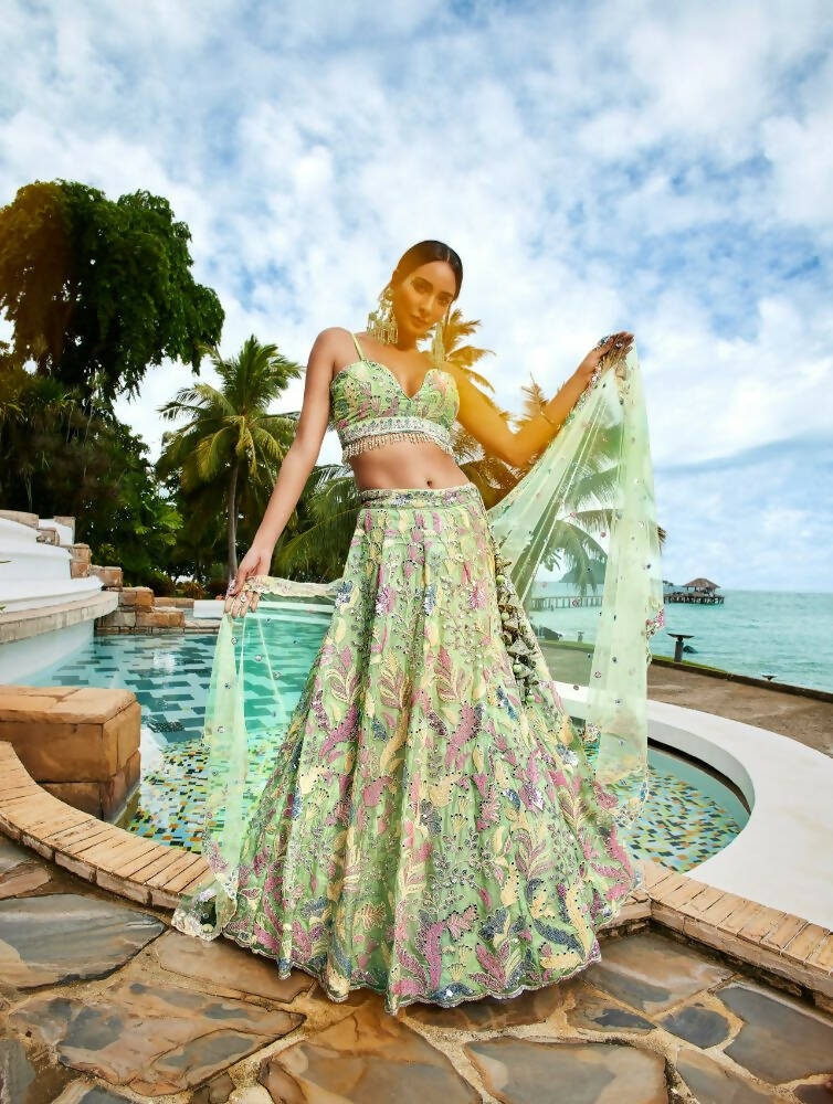 House of Panchhi Lime Green Organza Sequins And Mirror Embroidery Lehenga Choli & Dupatta | Swadesiicart