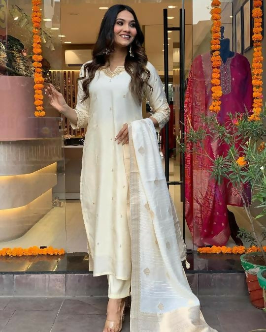 The52 White Beautiful Embroidered Viscose Chanderi Fabric Straight Kurta Pant with Dupatta Set - Swadesiicart