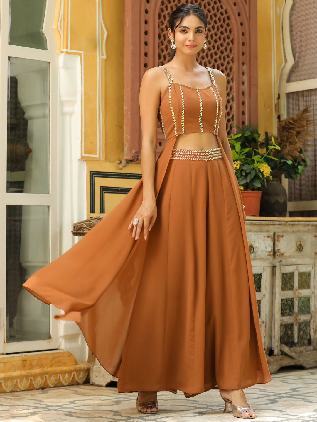 Janasya Brown Georgette Embellished Co-Ords - Swadesiicart
