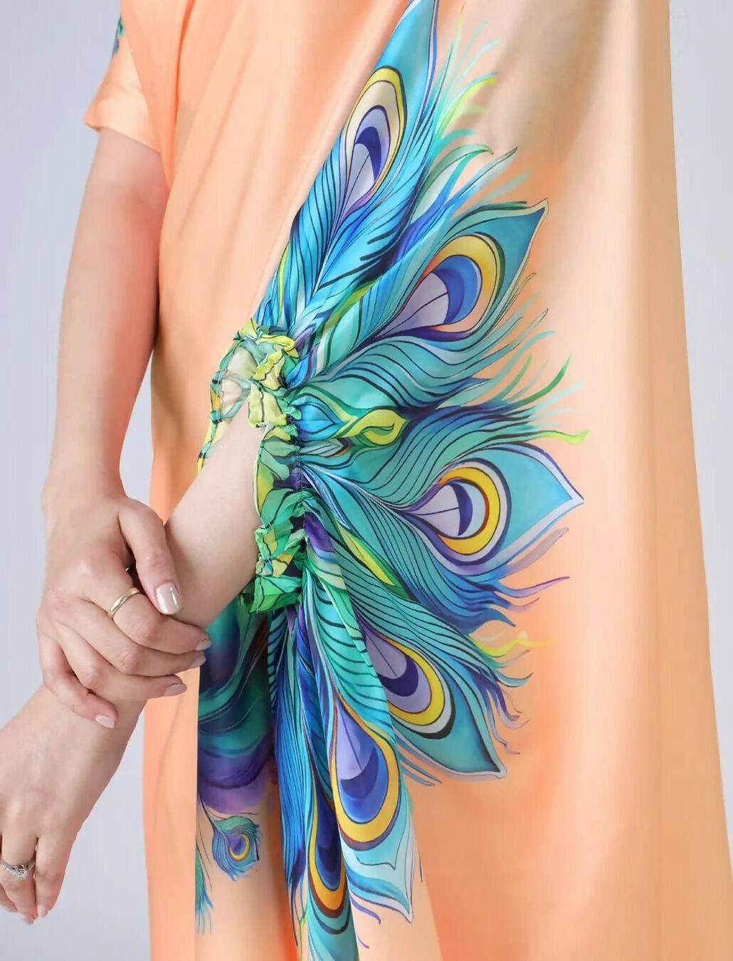 Vastranavya Peach Peacock Print Free Hand Ready to Wear Saree | Swadesiicart