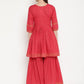 Ahalyaa Women's Red Cotton Gold Print Kurta Sharara Set | Swadesiicart