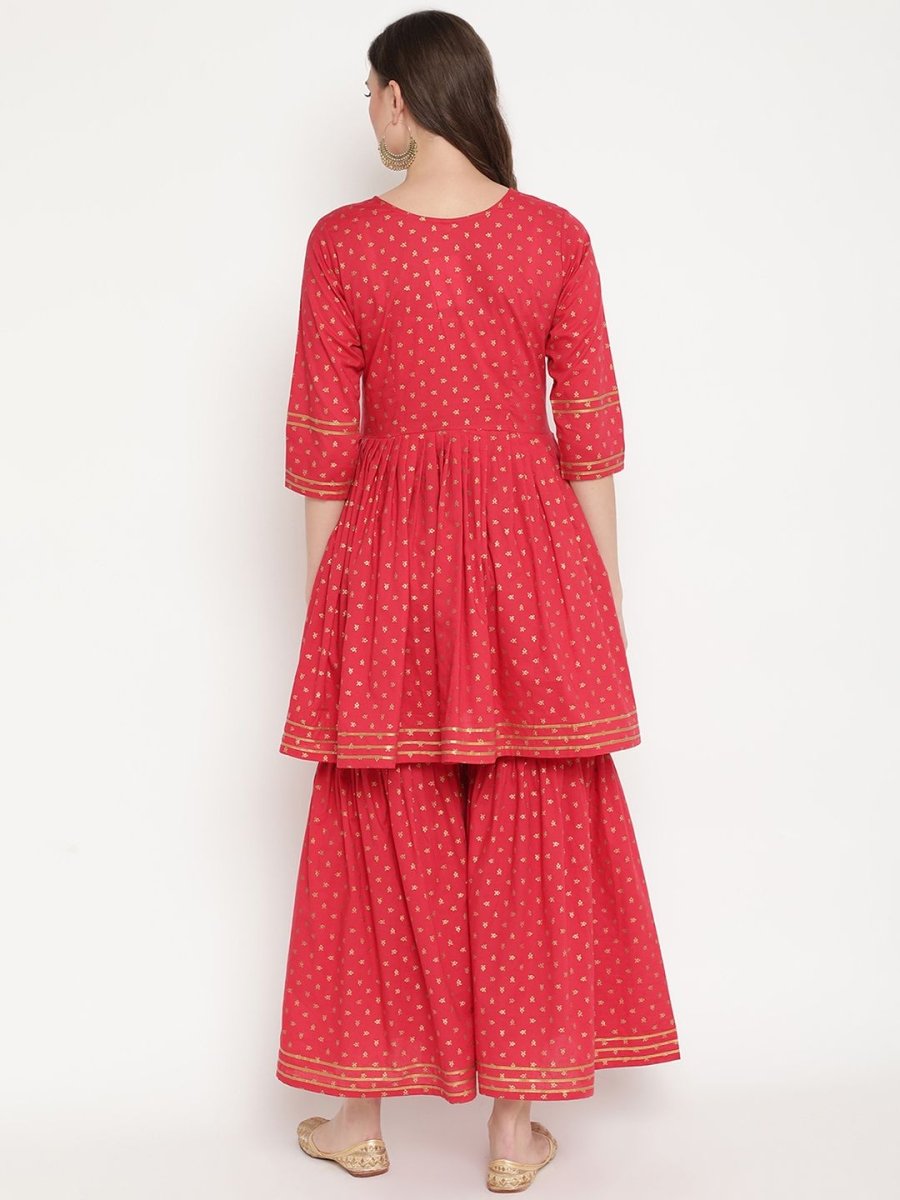 Ahalyaa Women's Red Cotton Gold Print Kurta Sharara Set | Swadesiicart