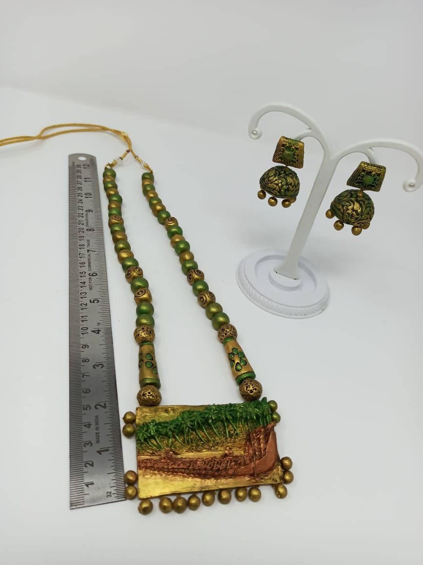 Terracotta Green and Gold Kerala Style Rowing Boat Pendant Long Necklace Set with Temple Earrings | Swadesiicart