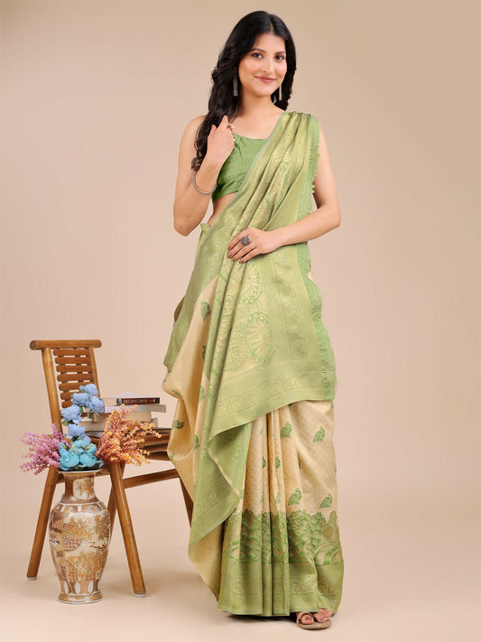Astita Banarasi Silk Cream & Light Green Saree | Swadesiicart