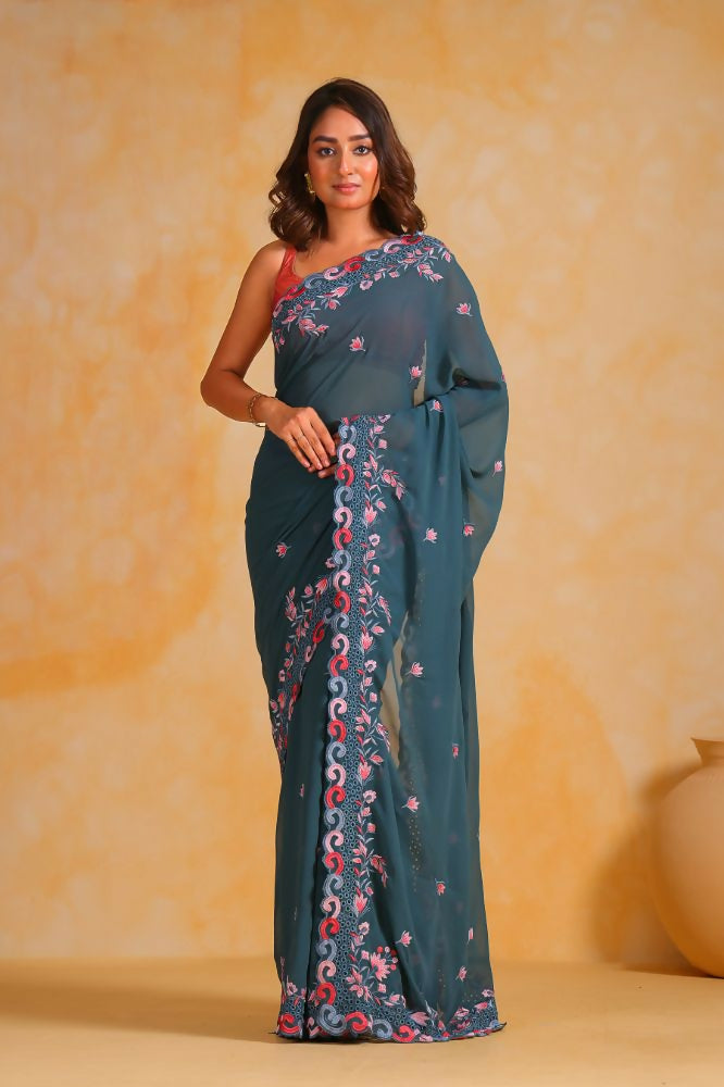 Vamsee Priya Blue Georgette Silk Saree - Swadesiicart