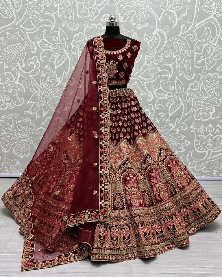 Jyoti Fashion Women's Maroon Velvet Multi Thread Embroidered with Zircon Diamond Wedding Lehenga Choli | Swadesiicart