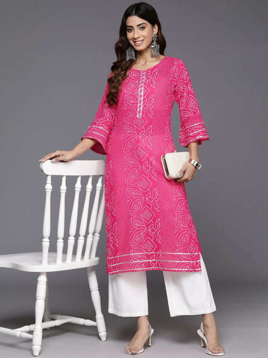 Ahalyaa Women Beige Floral Printed Regular Gotta Patti Kurta - Pink | Swadesiicart