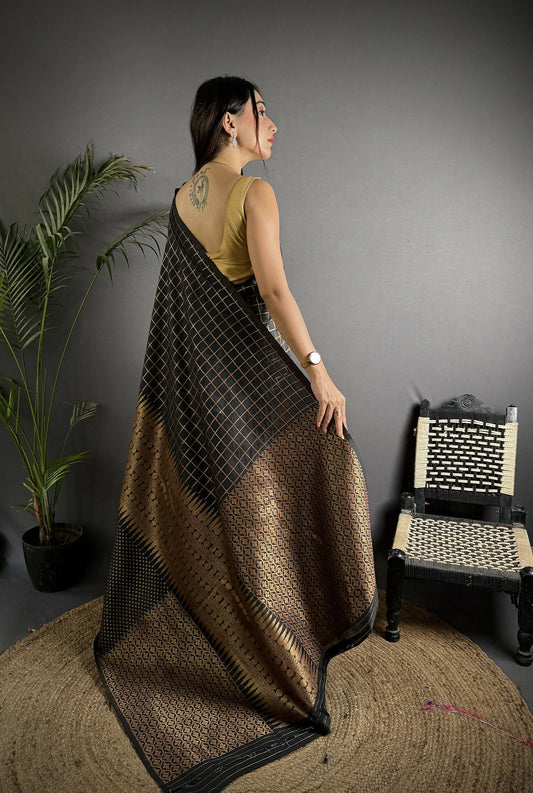 Joban Fashion Black Banarasi Soft Lichi Silk Checks & Woven Saree | Swadesiicart