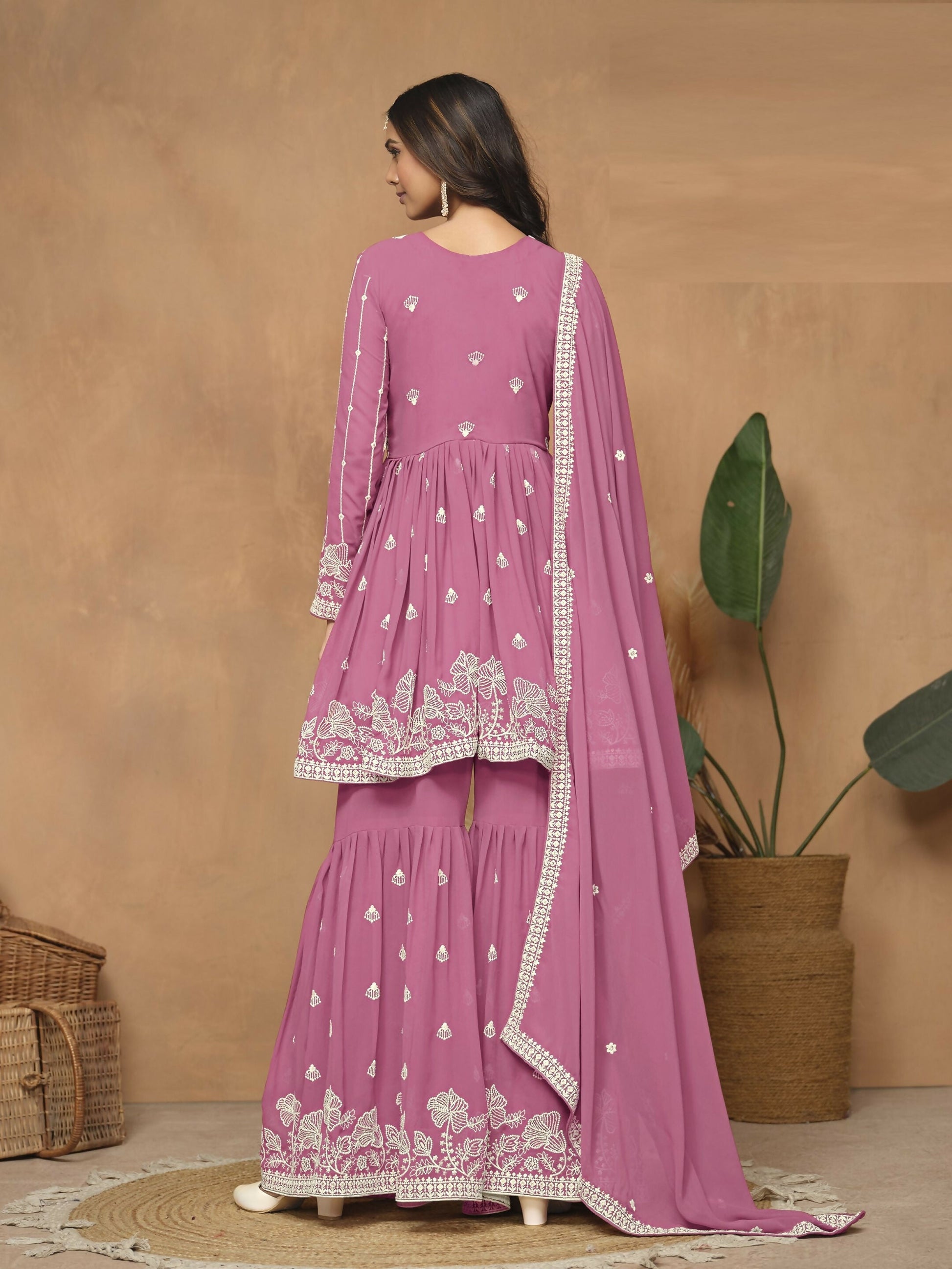 Anaita Pink Embroidered Faux Georgette Sharara Suit