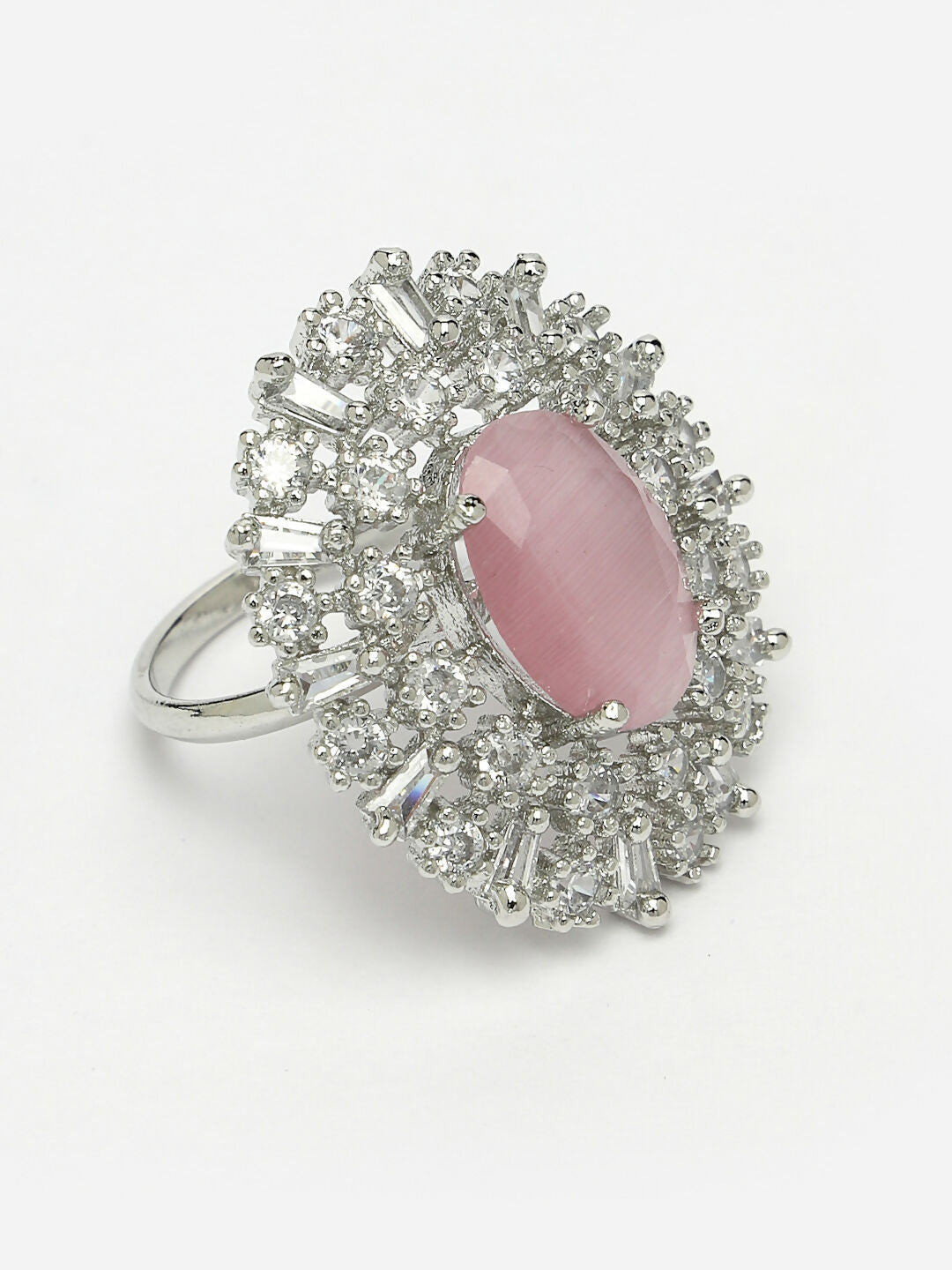 NVR Women's Pink & Silver CZ-Studded Handcrafted Adjustable Finger Ring | Swadesiicart