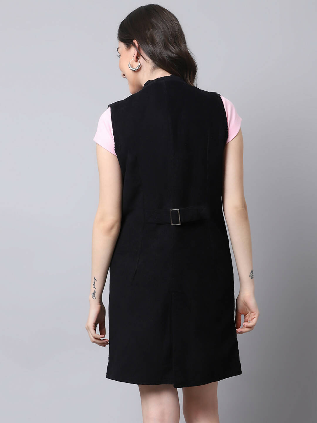 Even Apparels Black Polywool Open Front Corduroy Women's Long Coat | Swadesiicart