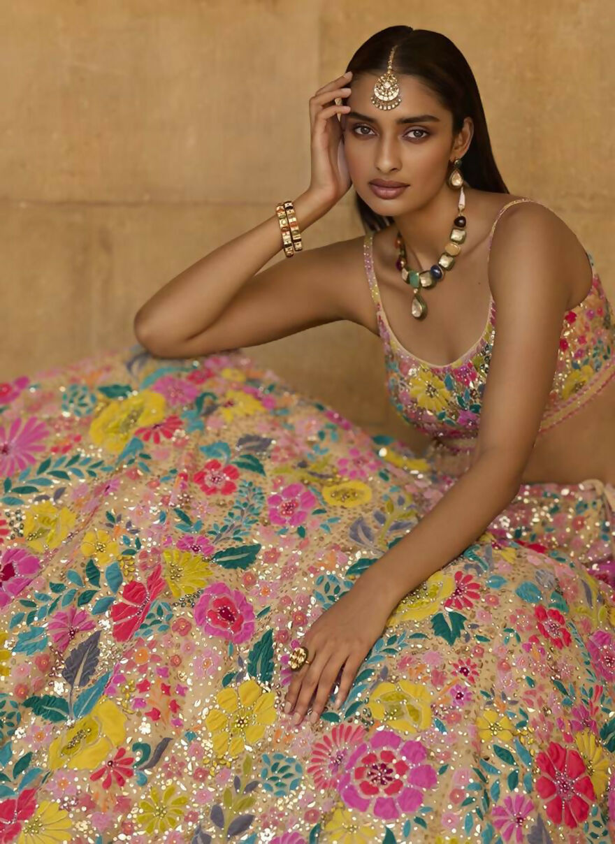 Jyoti Fashion Multicolor Thread & 5mm Sequence Embroidery Georgette Lehenga Choli with Dupatta | Swadesiicart
