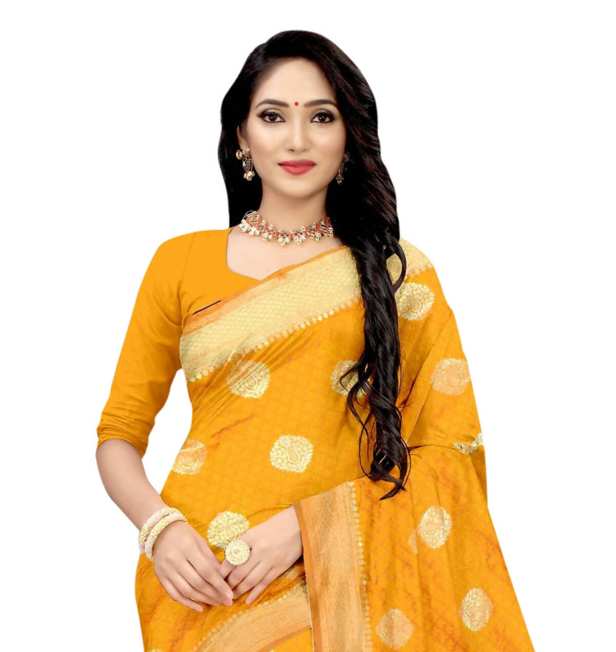 Vamika Weaving Banarasi Jacquard Mustard Saree | Swadesiicart