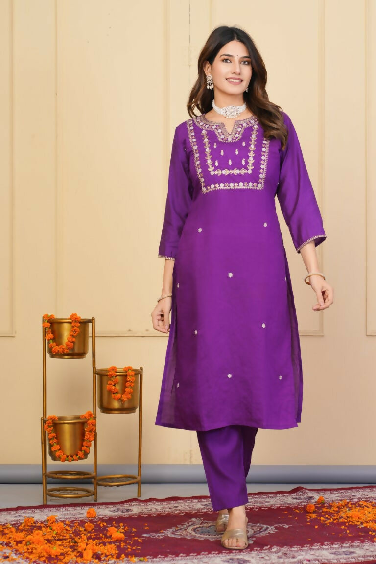Purple Viscose Chanderi Embroidered Stitched Suit With Dupatta - Tanisha | Swadesiicart