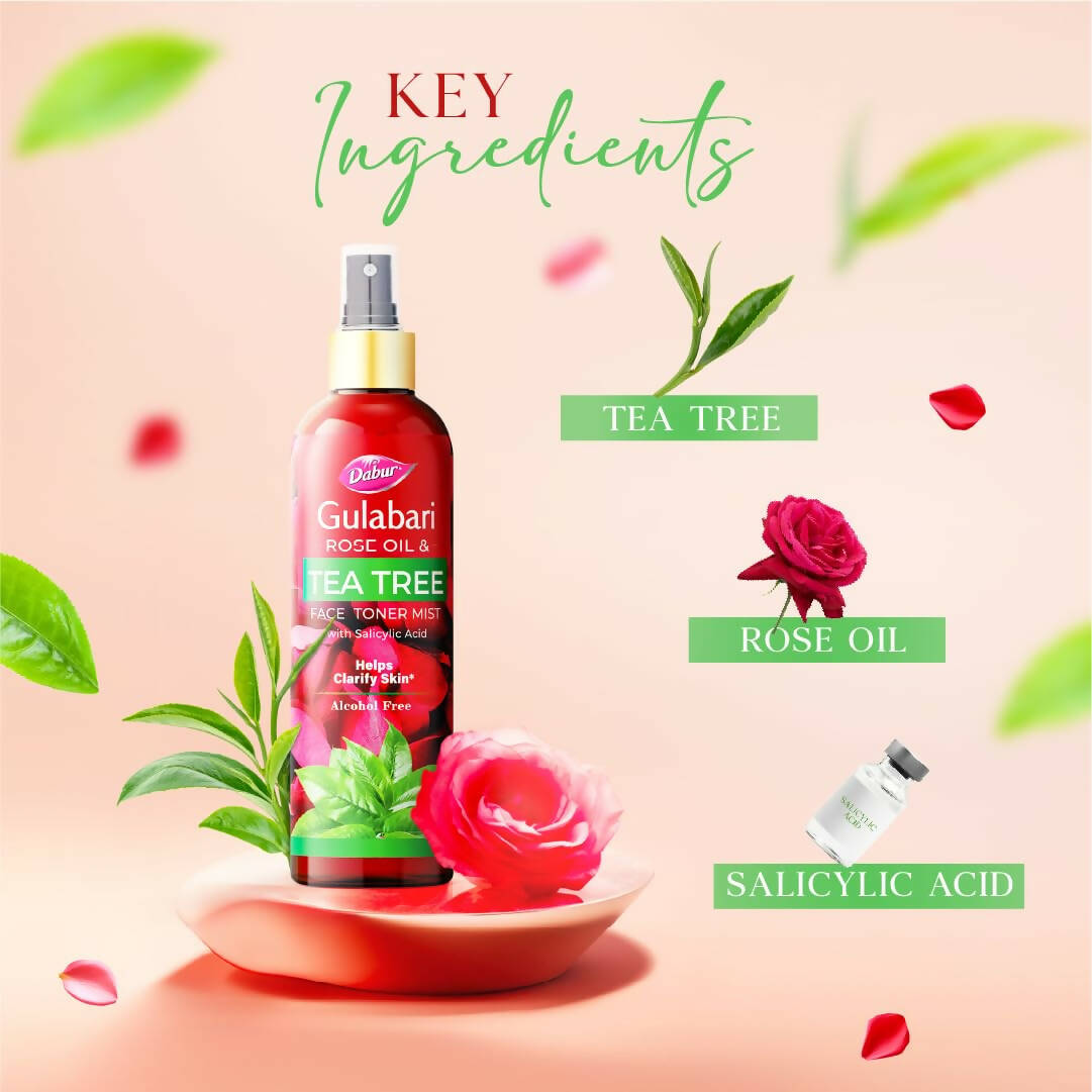 Dabur Gulabari Rose Oil & Tea Tree Face Toner Mist | Ayurvedic Toner for Pore Tightening & Glow - Swadesiicart