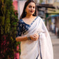 White Pure Linen Ethnic Motifs Saree with Unstitched Blouse - Hiral Fashion | Swadesiicart