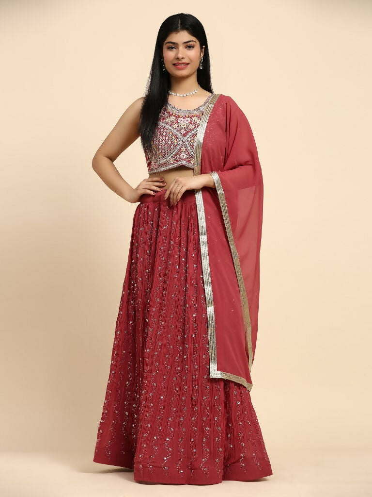 Red Georgette Embroidered Lehenga choli with Dupatta - Dhara | Swadesiicart