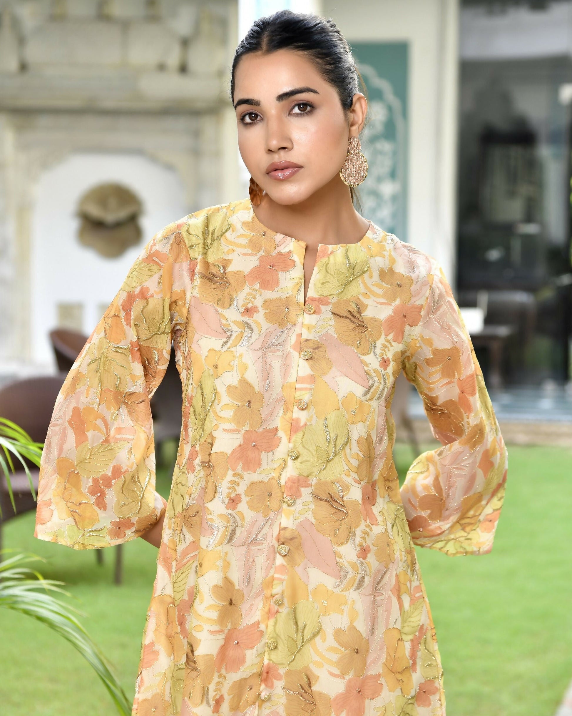 Vaasva Women's Lemon Yellow Organza Digital Printed Cord Set - Swadesiicart