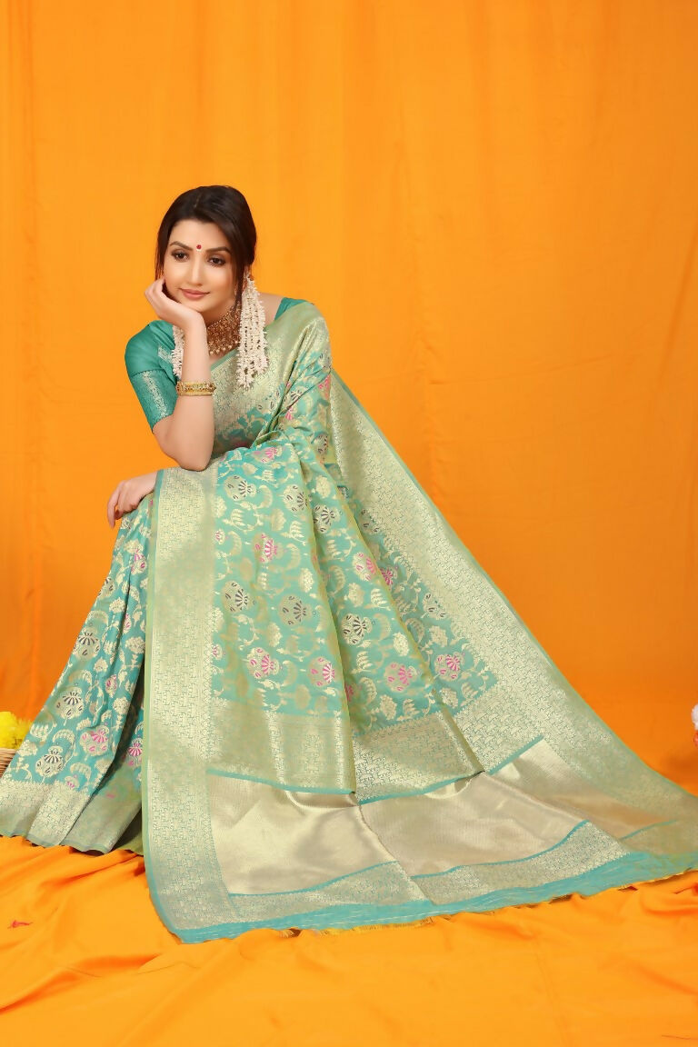 Jyoti Fashion Women's Sea Green Kanjivaram Silk Zari Woven Saree with Blouse | Swadesiicart