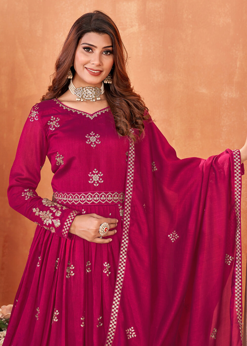 Hot Pink Festive Embroidered Art Silk Anarkali Suit - Emponline | Swadesiicart