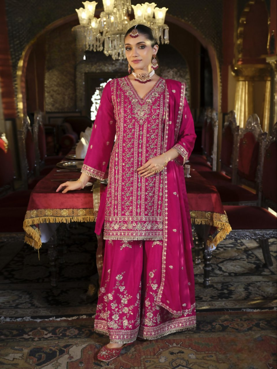 Anaita Rani-Pink Heavy Chinon Readymade Palazzo Suit with Heavy Embroidery Work