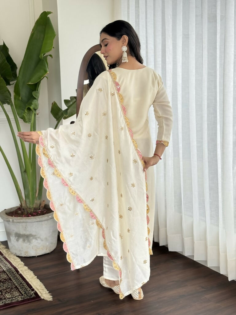 Cream Viscose chanderi Stitched Suit With Dupatta - Tanisha | Swadesiicart