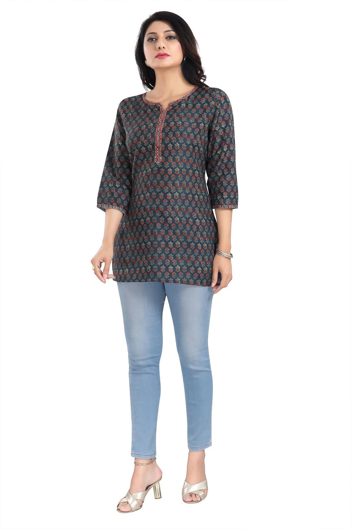 Snehal Creations Novel Navy Blue Rayon Short Kurti Tunic Top - Swadesiicart