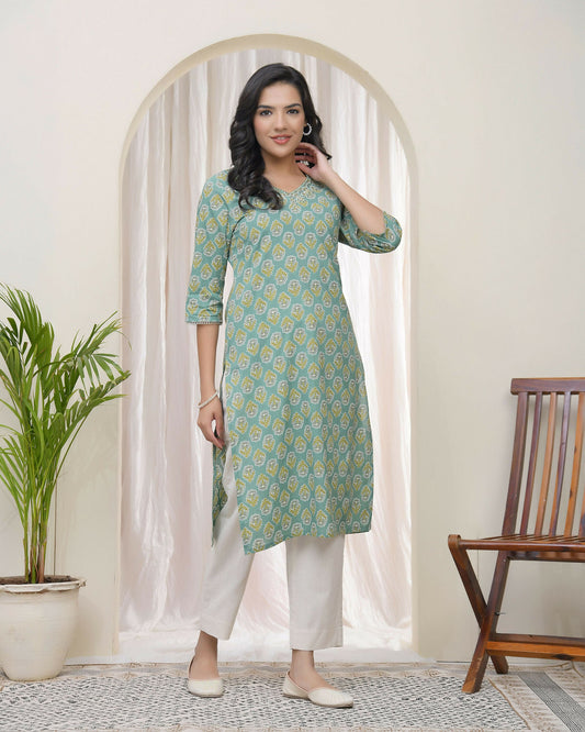 Vaasva Women Aqua Cotton Printed Straight Kurti With Pant | Swadesiicart