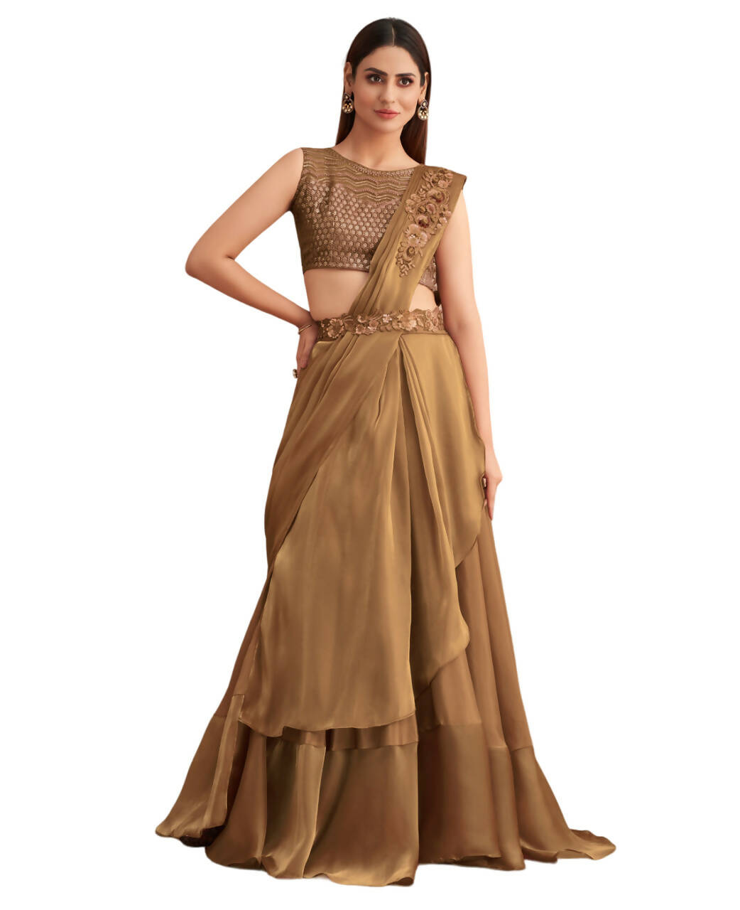 Beige Satin Embroidered Ready To Wear Saree With Unstitched Blouse Piece - Nandika | Swadesiicart