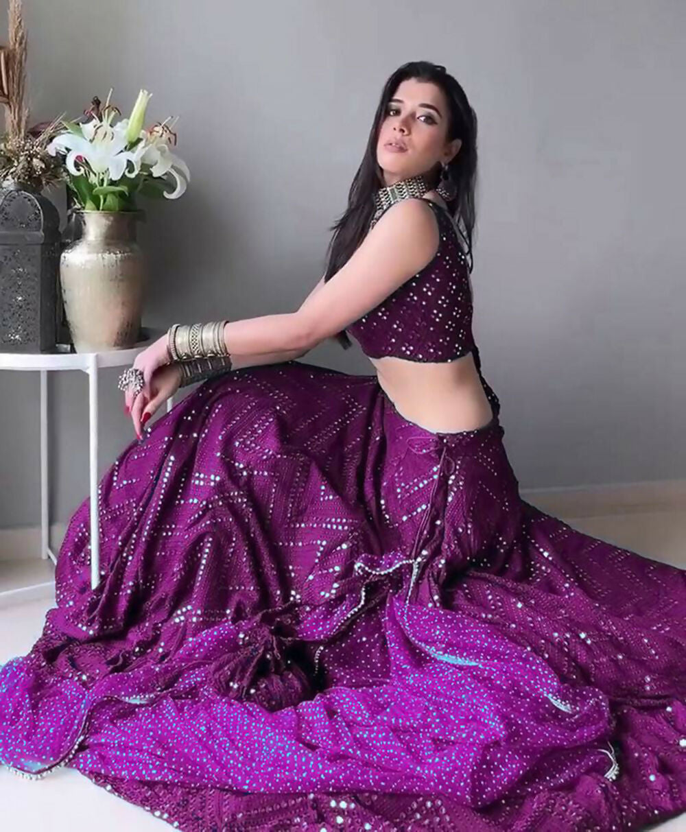 Jyoti Fashion Wine Thread Embroidery Faux Georgette Designer Lehenga Choli with Dupatta | Swadesiicart