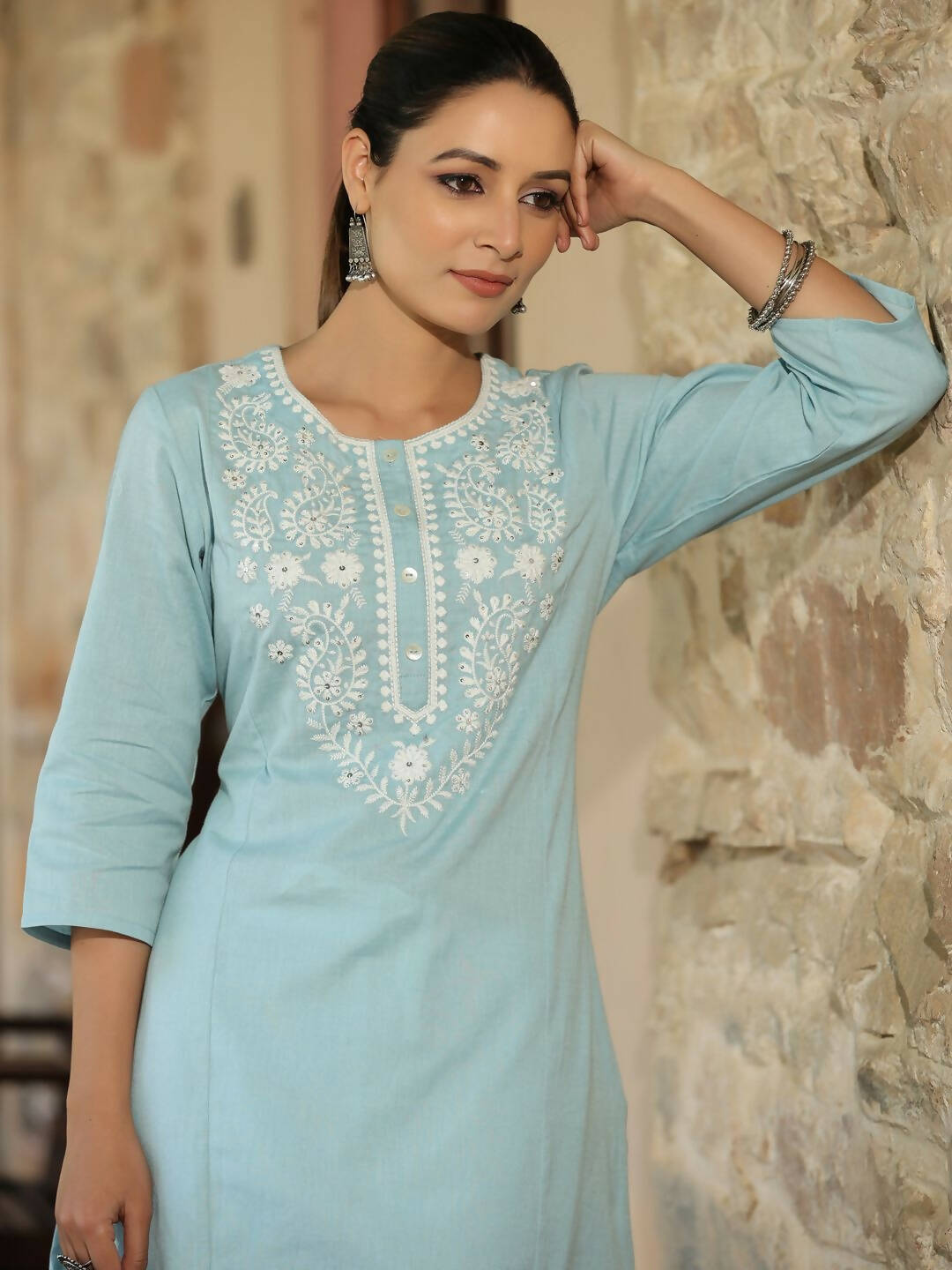 Juniper Women's Blue Cotton Flex Embroidered Straight Kurta | Swadesiicart