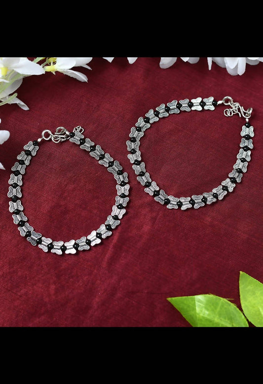Mominos Fashion Kamal Johar Oxidised Silver Butterfly Anklets | Swadesiicart