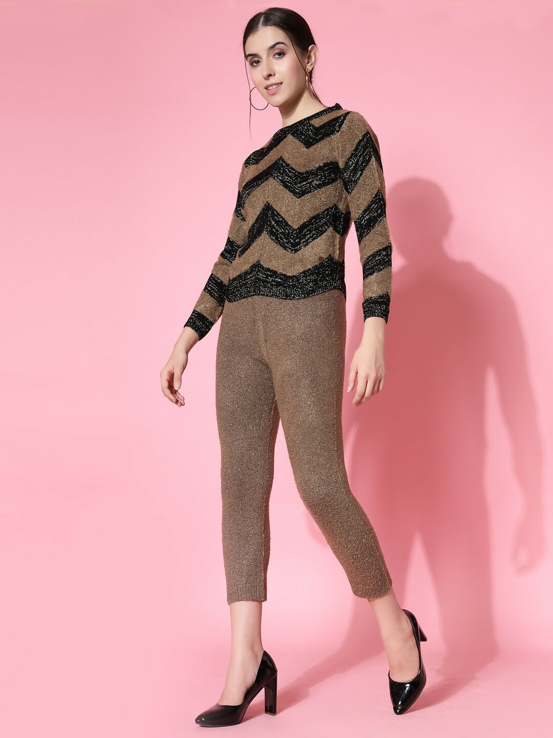 Women Black Acrylic Stripe & Solid Winter Co-Ord Set - Wool Trees - Swadesiicart