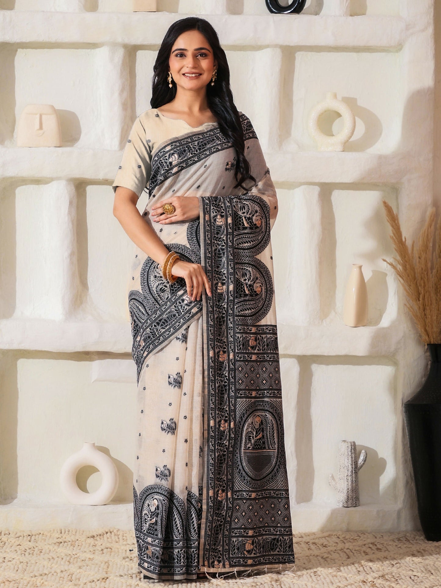 Shree Shyam Fashion Linen Cotton Black & Cream Saree