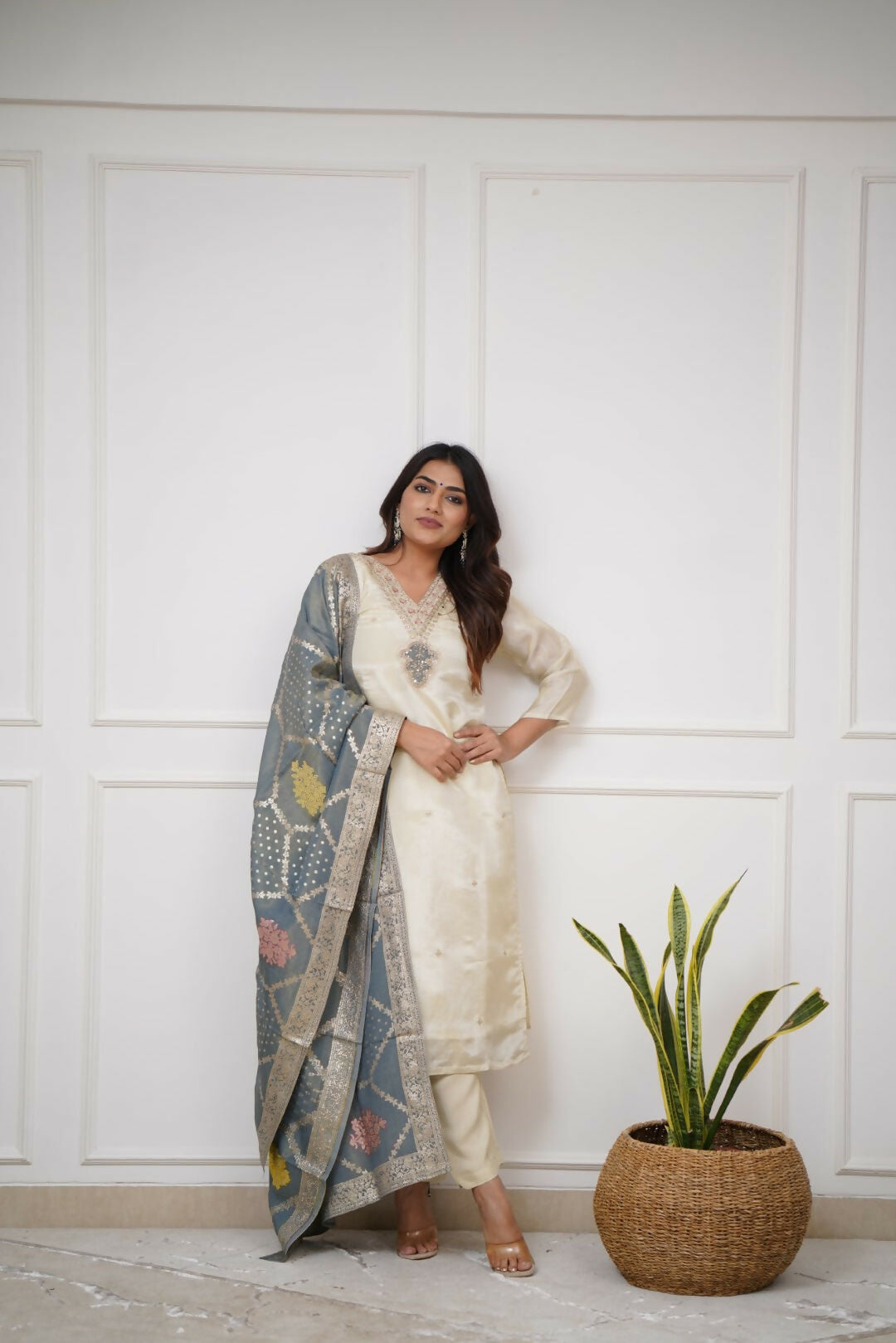 The52 Off White Beautiful Embroidered Viscose Chanderi Fabric Straight Kurta Pant with Dupatta Set - Swadesiicart