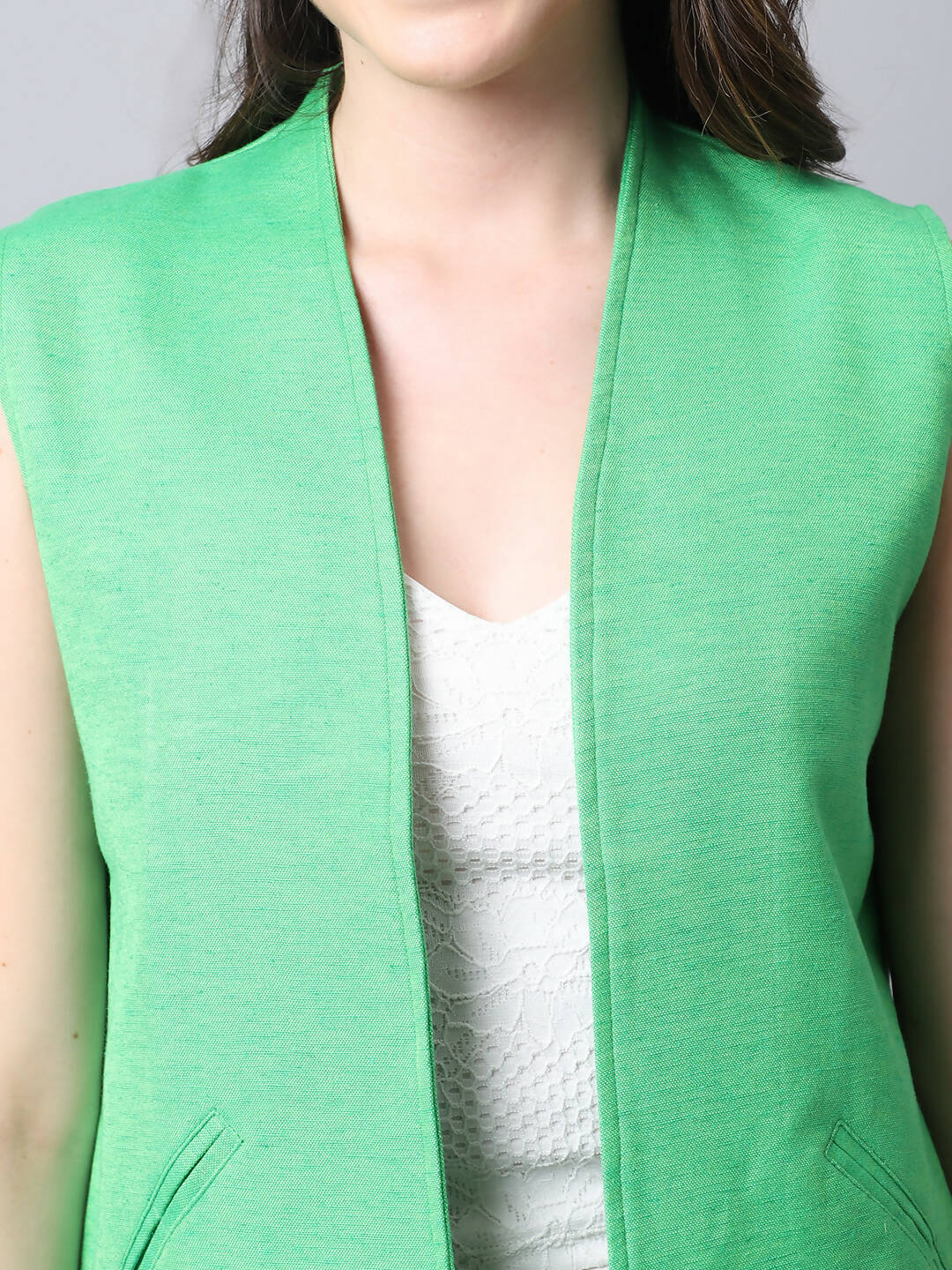 Even Apparels Green Polyblend Open Front Women's Waistcoat | Swadesiicart