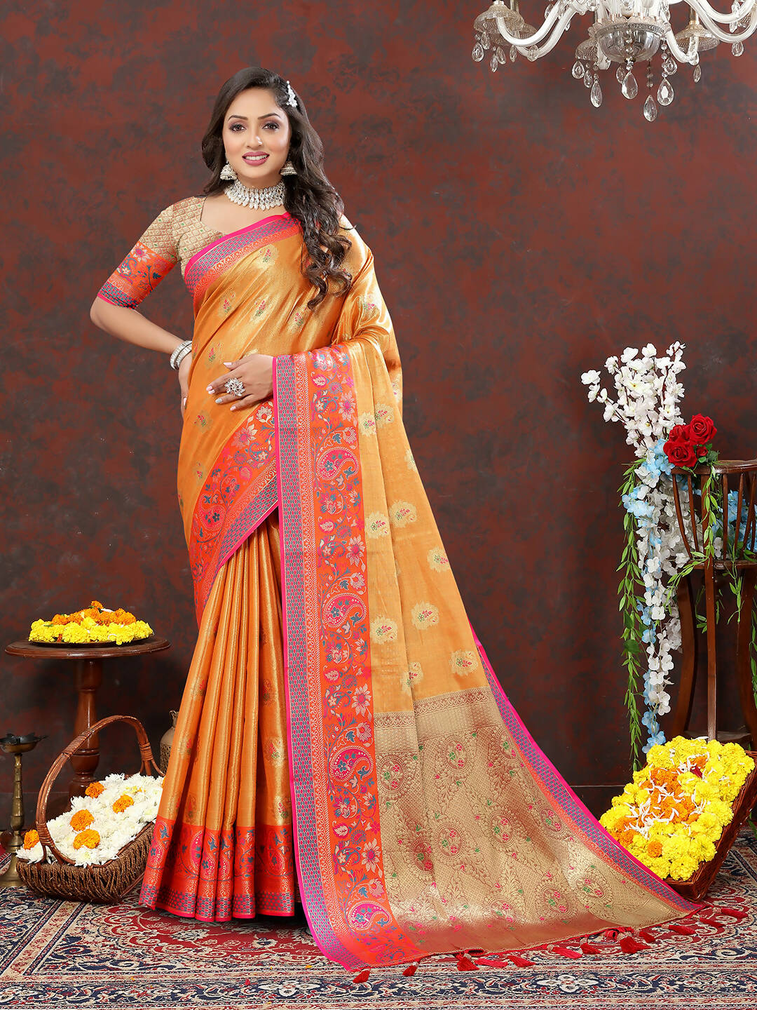 Lorenvalley Fashion Orange Kanjivaram Silk Woven Design with Zari Weaving Saree - Swadesiicart