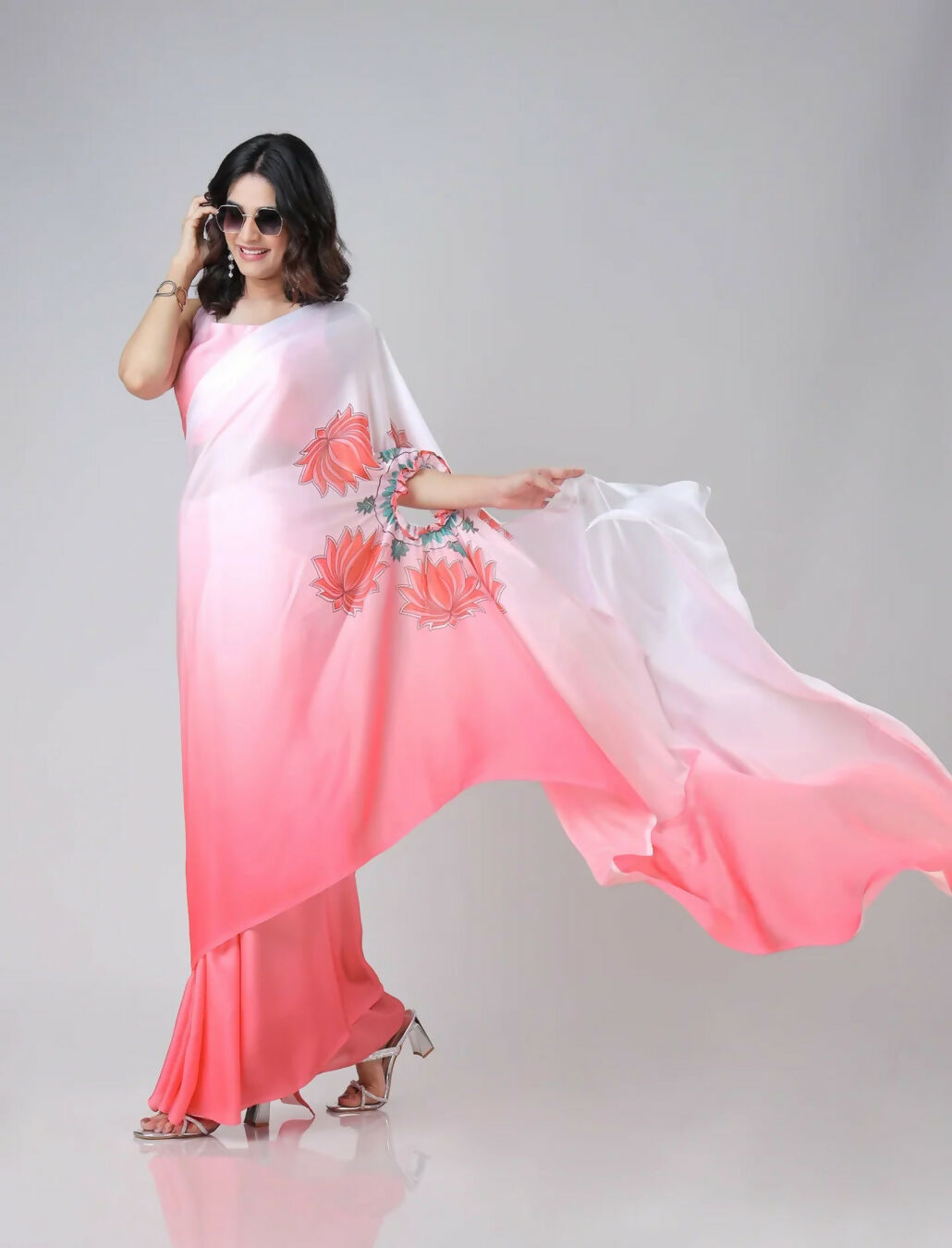 Vastranavya Blush Pink Freehand Floral Print Ready to Wear Saree | Swadesiicart