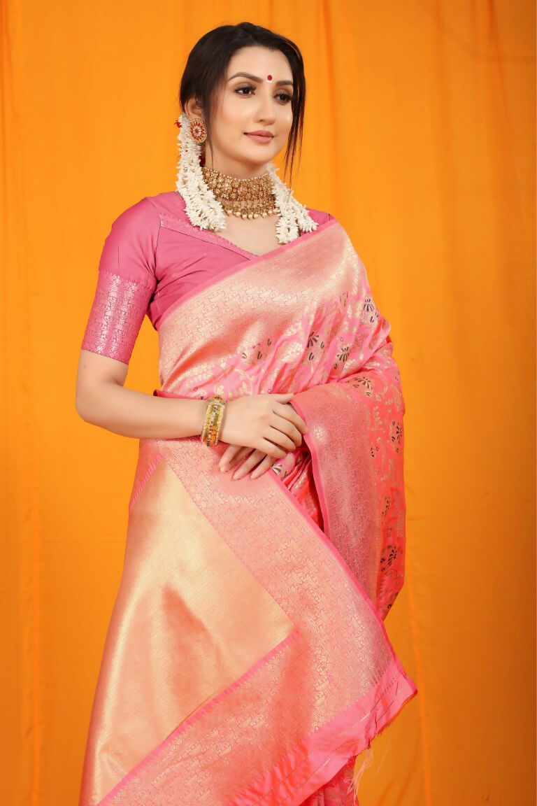 Jyoti Fashion Women's Pink Kanjivaram Silk Zari Woven Saree with Blouse | Swadesiicart