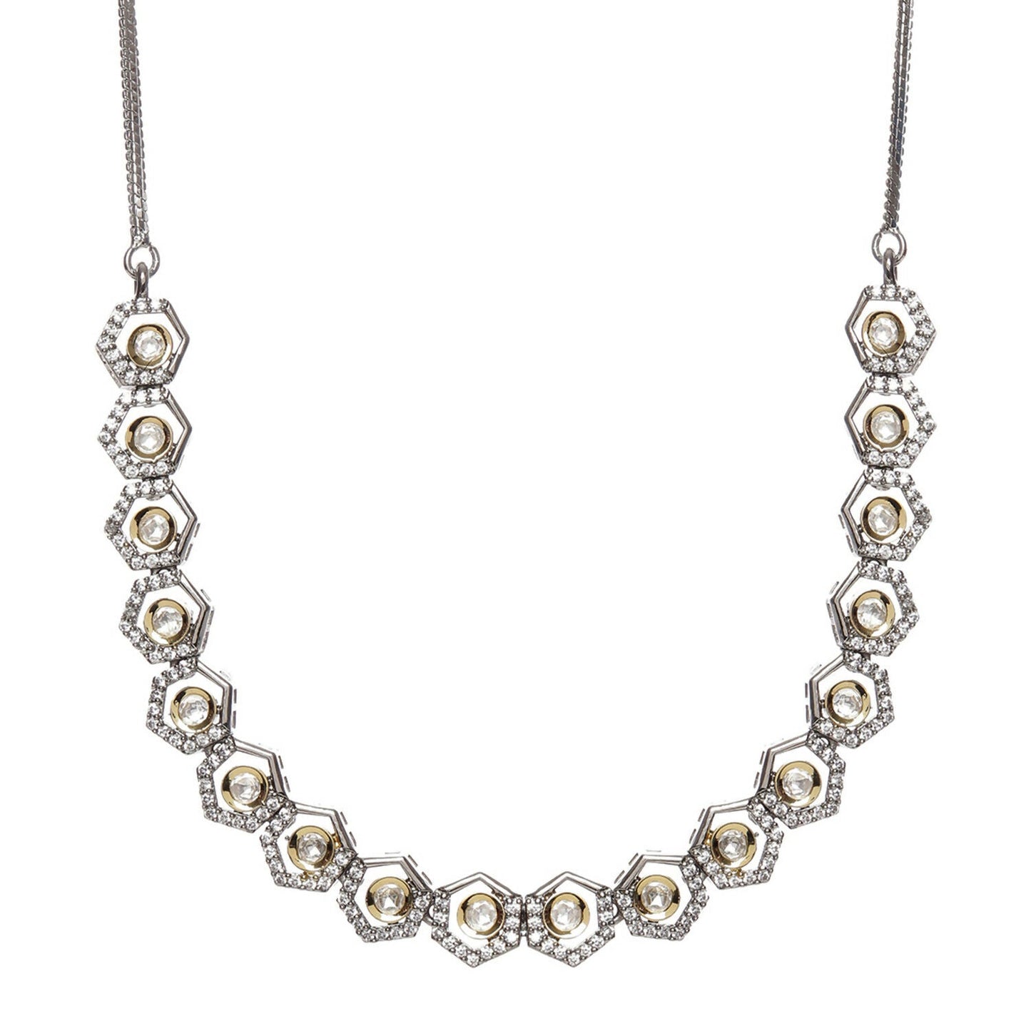 Dual Tone Gold and Silver Choker with American Diamonds and Kundan (Silver) - Ruby Raang | Swadesiicart