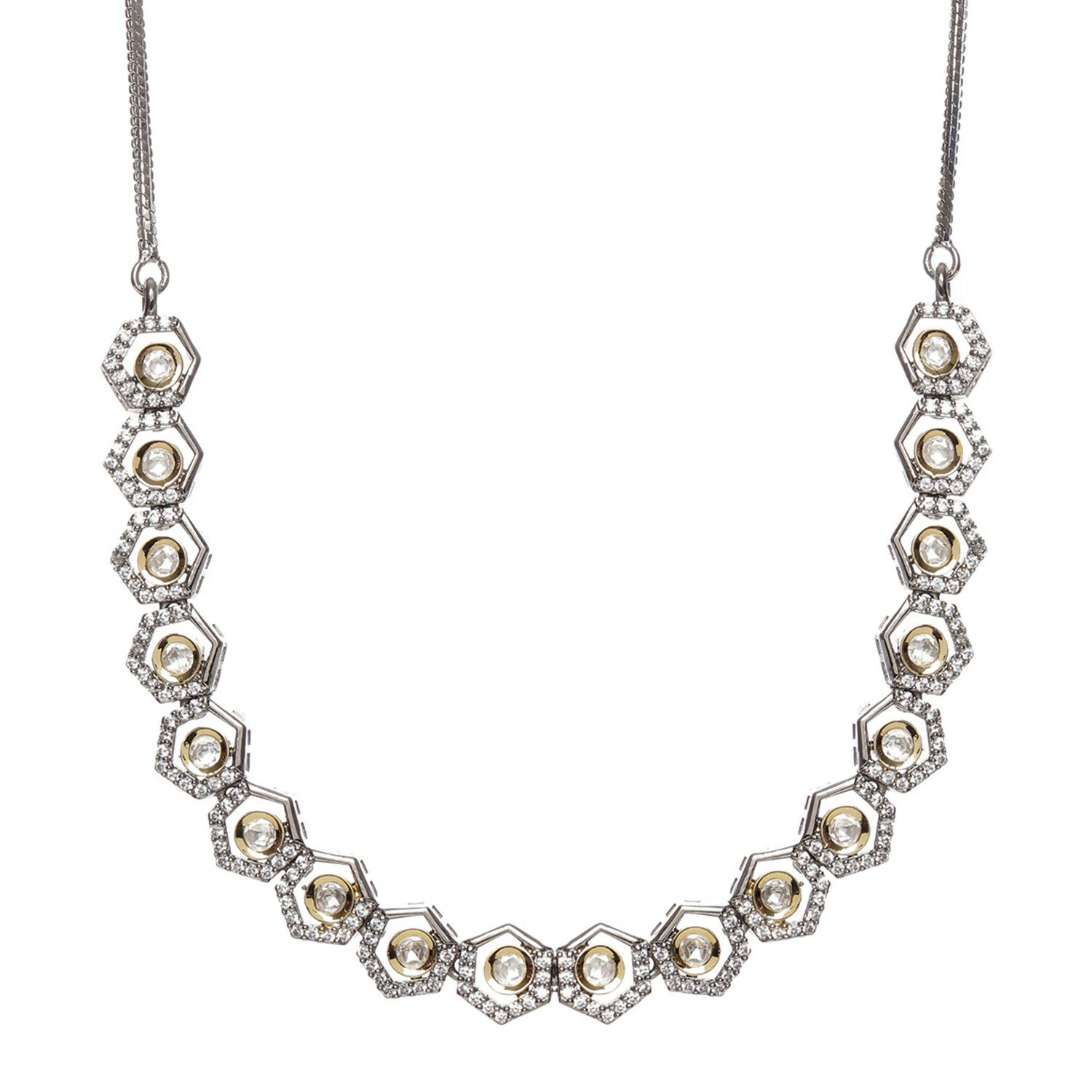 Dual Tone Gold and Silver Choker with American Diamonds and Kundan (Silver) - Ruby Raang | Swadesiicart