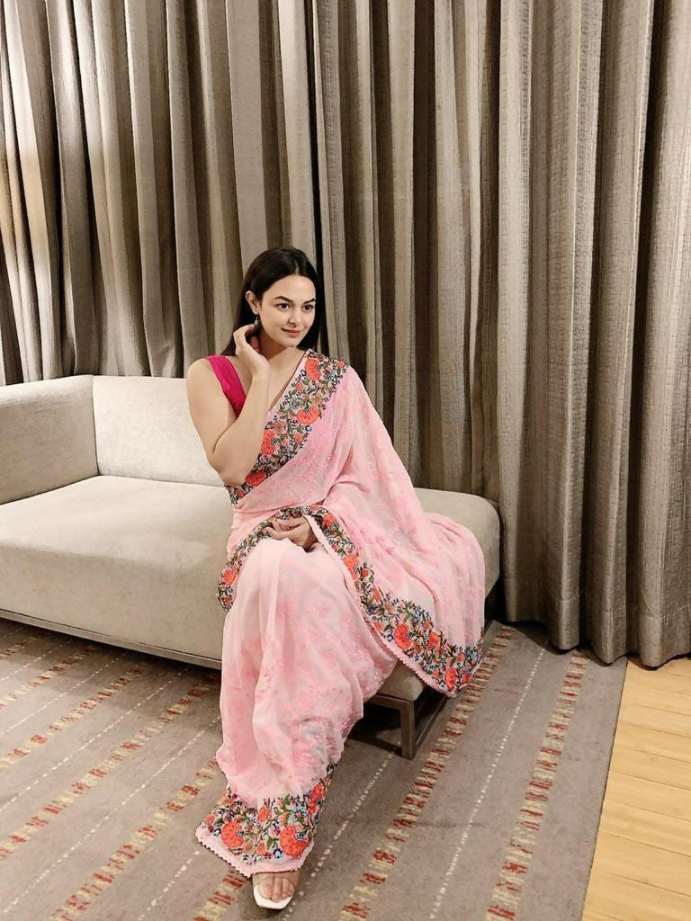 Vamsee Sandhya Pink Georgette Saree - Swadesiicart