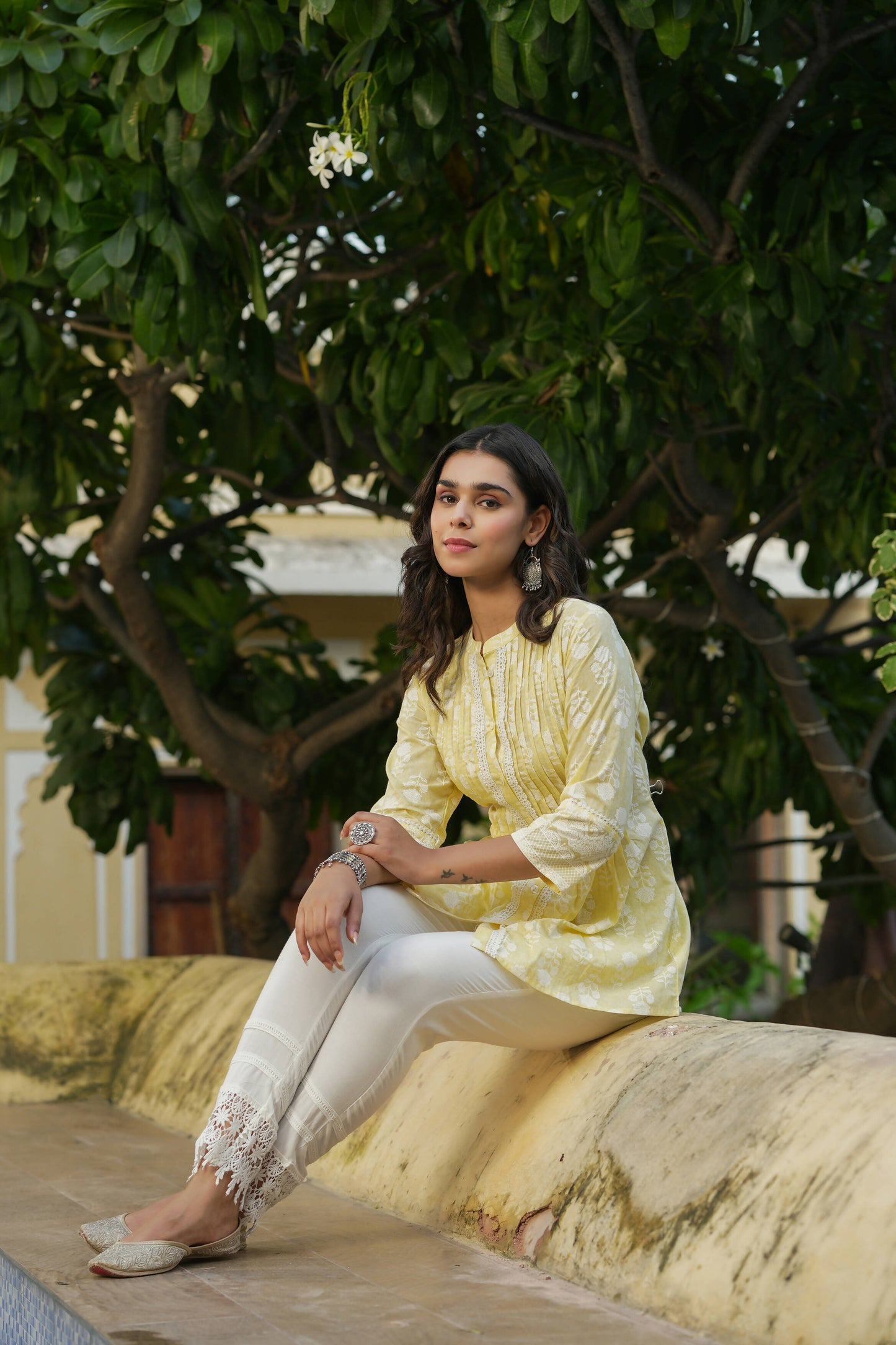 Juniper Women's Yellow Cambric Placement Floral Printed Tunic | Swadesiicart